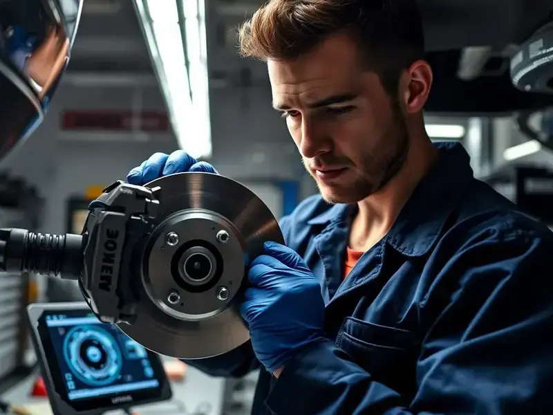 Professional mechanic inspecting brake system