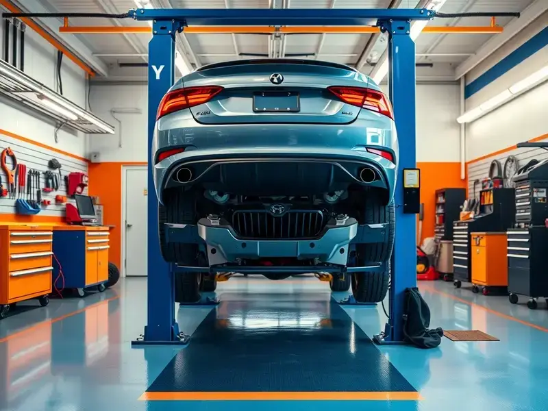 Professional service bay with car on lift