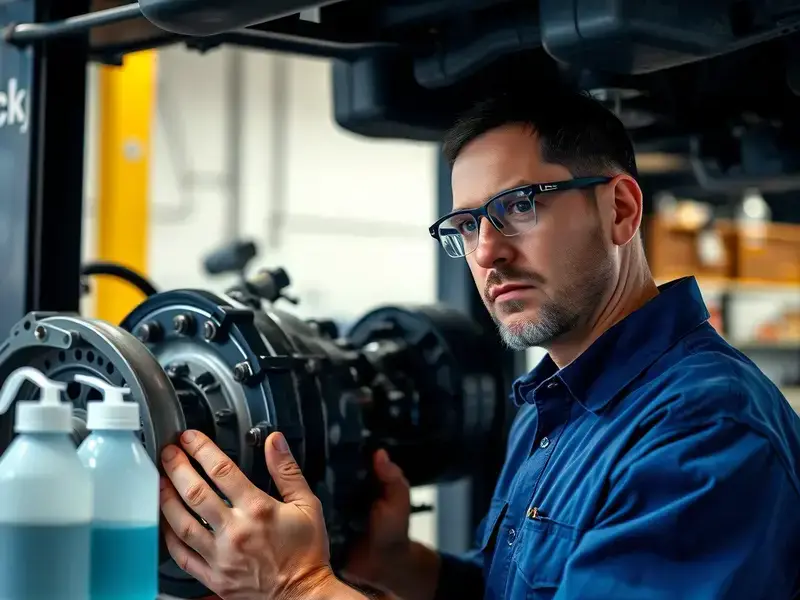 Mechanic inspecting transmission system